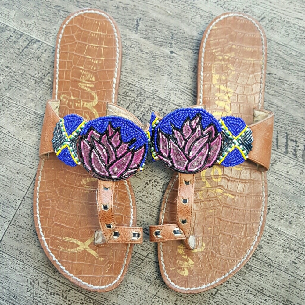 Sam Edelman GERRY Beaded Leather Thong Sandals 10 - Picture 3 of 8